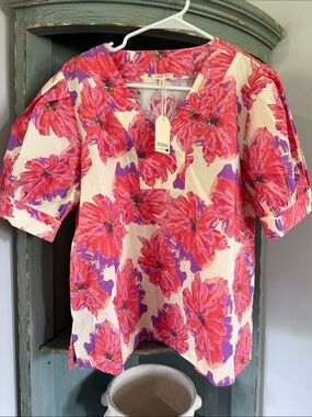 JodidulFloral V-Neck Short Sleeve Top - Pink & Purple